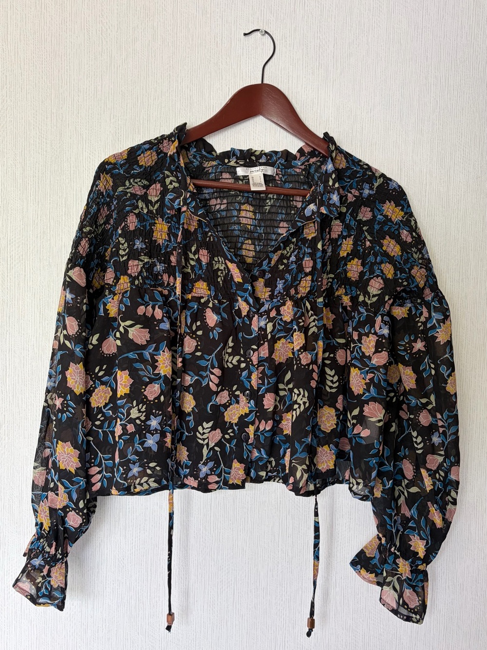 Society Black Floral Smocked Peasant Blouse